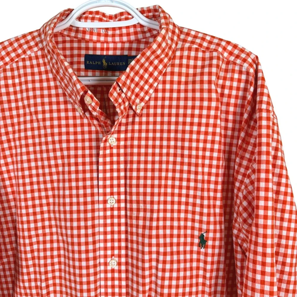 Ralph Lauren Button Down Shirt Mens 2XLT Red Orange Gingham Check Plaid Pony